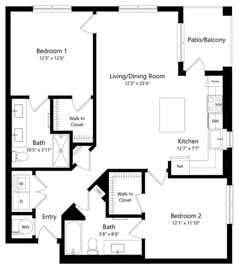 Two Bedroom Floor Plan | 1,041 Sq. Ft. at The Gallery at Trinity Luxury Apartments in Trinity FL